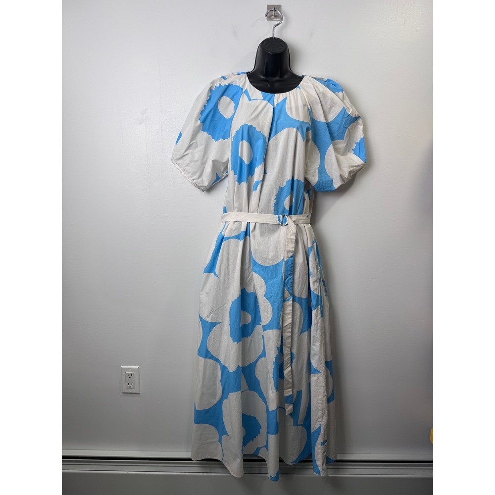 Marimekko Blue Unikko Dress Floral Puff Sleeve Belted Size 42 (US 12) Large